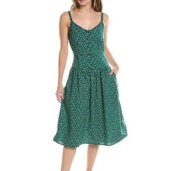 Nation LTD Dresses & Skirts - Nation LTD Green Floral Pima Cotton Midi Dress Button Front Pockets XS